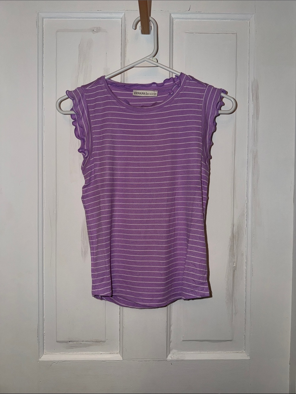 Zenana Lavender and White Striped Ruffle Sleeve Tank